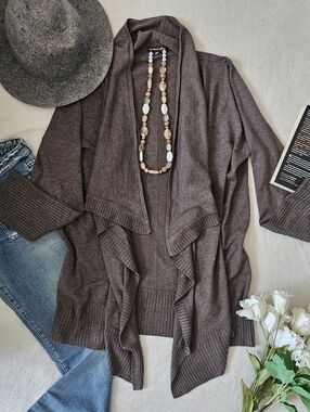 Brown Waterfall Draped Open Front Cardigan - ADRIENNE VITTADINI - XL